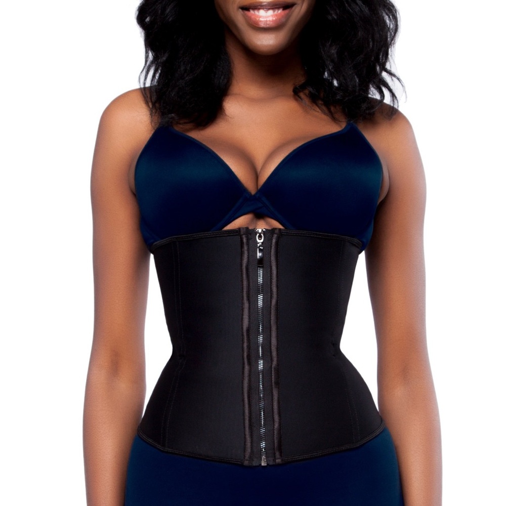 HOURGLASS ANGEL Corset Zip Front Black Latex Waist Trainer Slim Core Med Large L
